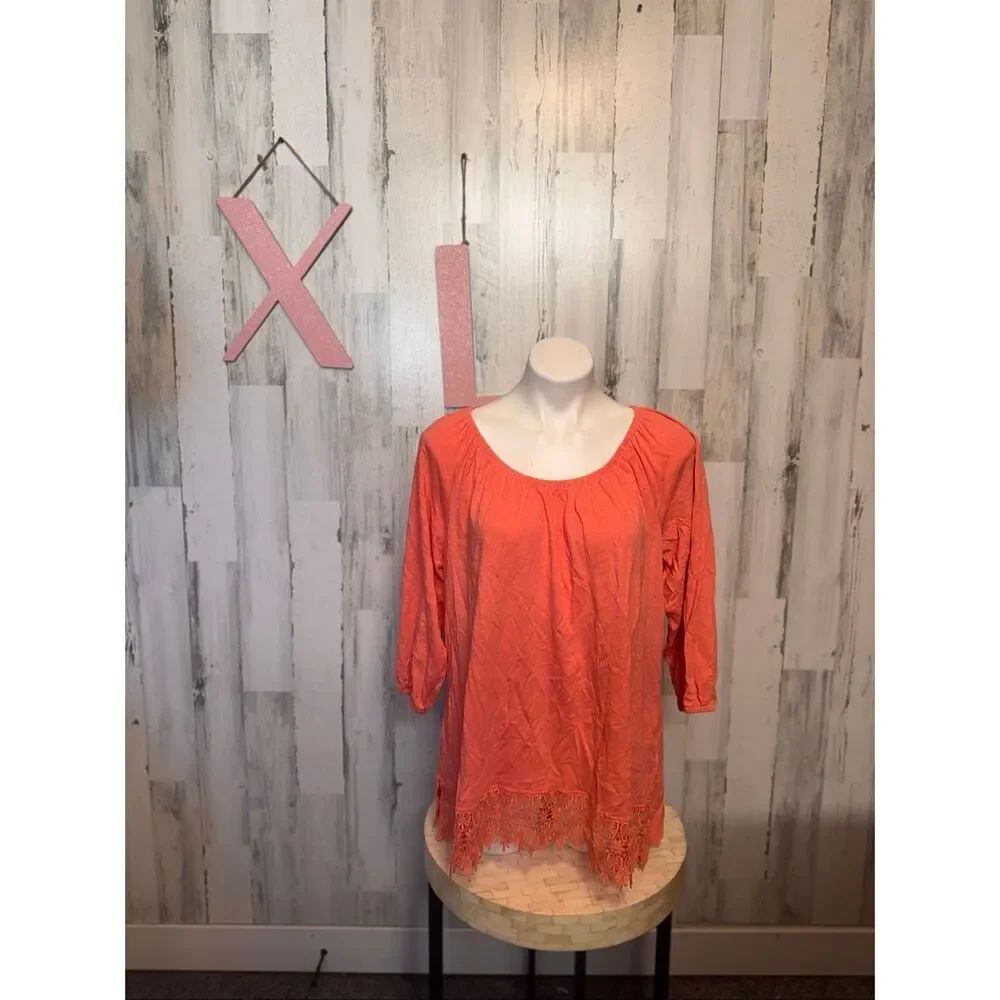 St. John's Bay Coral Pink Crochet Lace Hem Top Womens Plus Size 1X 3/4 Sleeve
